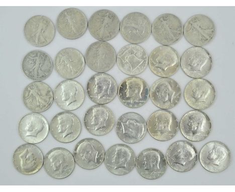 31 x USA Silver Half Dollars, to include: 10 x 'Walking Liberty' 1935(x2), 1941, 1942D, 1943, 1943S, 1945(x2), 1945D and 1945