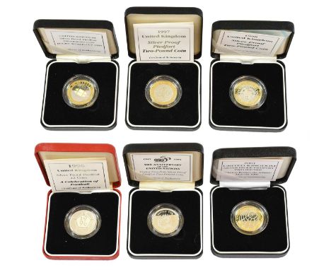 6 x Elizabeth II, Silver Proof Piedfort £2, comprising: 1995 '50th Anniversary of the UN', 1996 'Football - 10th European Cha