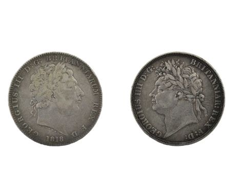 2 x Silver Crowns, comprising: George III 1818 LIX, obv. laureate head right, rev. Pistrucci, S.3787, Bull 2009; and George I