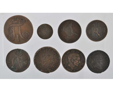 31 x 18th and 19th Century Copper Coins, to include: Argentina, Buenos Aires 2 reales 1860, KM#11, GFine; Austrian Netherland