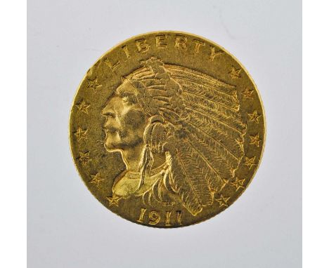 USA, Gold 'Quarter Eagle' $2.50 1911, obv. Indian head left, flanked by 6 stars left, 7 right, rev. eagle standing left, .900