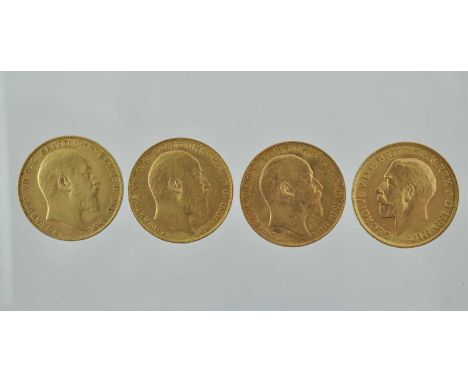 4 x Sovereigns, comprising: 3 x Edward VII 1908, 1909 and 1910, obv. bare head right, rev. Pistrucci, Fine to AVF; and George