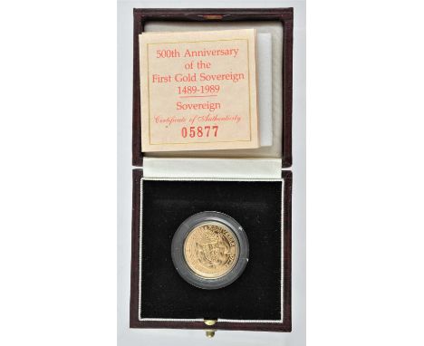 Elizabeth II, Proof Sovereign 1989, '500th Anniversary of the First Gold Sovereign 1489-1989', obv. the Queen crowned and sea