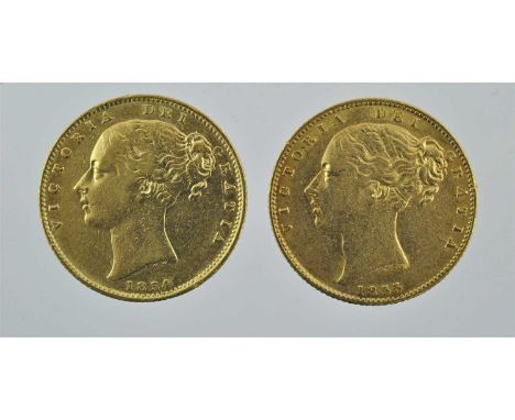2 x Victoria, Sovereigns 1854 and 1855, obv. young head left, WW incuse on truncation, rev. crowned shield of arms within wre