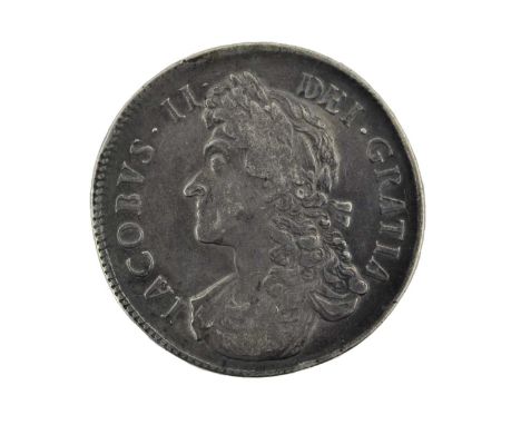 James II, Crown 1687 TERTIO, obv. second draped bust left, rev. crowned cruciform shields, plain angles, edge inscribed with 