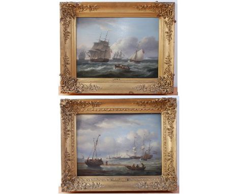 Thomas Luny (1759-1837) - Pair; Men o' War at anchor and Men o' War in full sail, oil on panels, one signed and dated 1831 lo