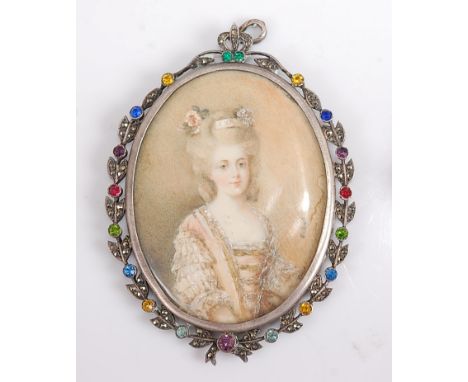 Circa 1900 school - Half-length portrait of a lady, wearing fancy peach dress, miniature watercolour on ivory, indistinctly s