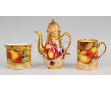 A Royal Worcester porcelain miniature coffee pot and cover, the whole decorated with fruit on a mossy bank by Freeman, h.12.5