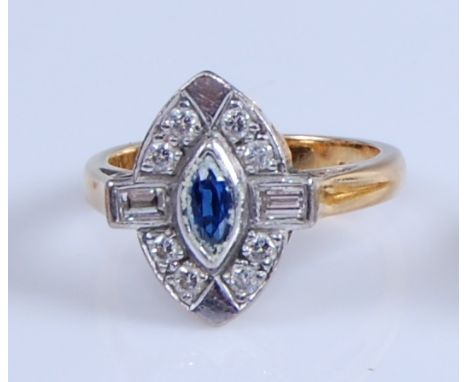 An 18ct yellow and white gold, sapphire and diamond marquise shaped cluster ring, comprising a centre marquise shaped sapphir