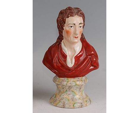 An early 19th century Staffordshire pearlware head and shoulders portrait bust of the poet Matthew Prior, on a faux marble so