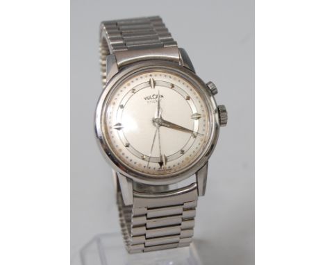 A gent's steel Vulcain Cricket alarm watch, having manual wind movement and alarm, circa 1950s, the signed silvered dial with
