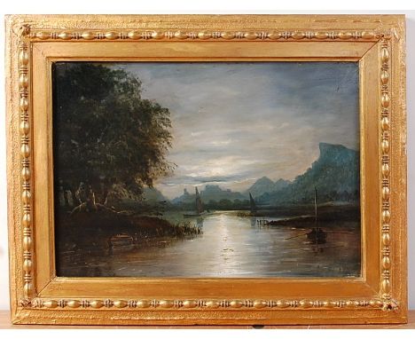 19th century school - Sailing boats upon a moonlit lake, oil on panel, 24 x 34.5cm
