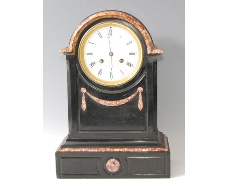 A Victorian polished slate mantel clock, the white enamel dial signed 'E&amp;E Emanuel, The Hard, Portsea', having twin windi