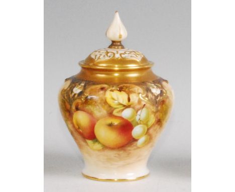 A Royal Worcester porcelain pot pourri vase and cover, shape No.279, decorated with fruit on a mossy bank by Roberts, black m