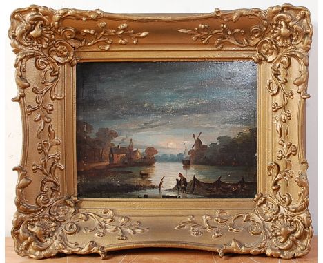 Follower of John Berney Crome (1794-1842) - Fisherman under moonlight, oil on panel, 14.5 x 19cm