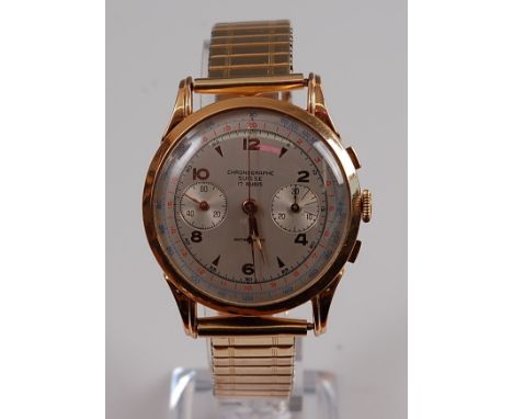 A Gents 18ct yellow gold Swiss chronograph anti-magnetic 17 jewel manual wind wristwatch, having round silver Arabic and bato