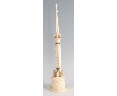 Bate of London - a Victorian carved ivory thermometer modelled as a church spire, signed, h.23.5cm