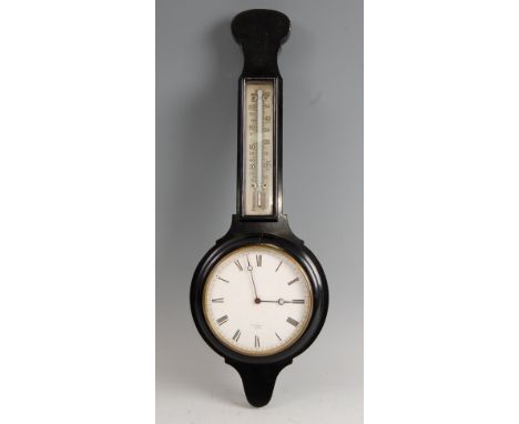 H Marc of Paris - a 19th century ebonised banjo clock thermometer, signed to the clock dial, having a Brevet eight day cylind