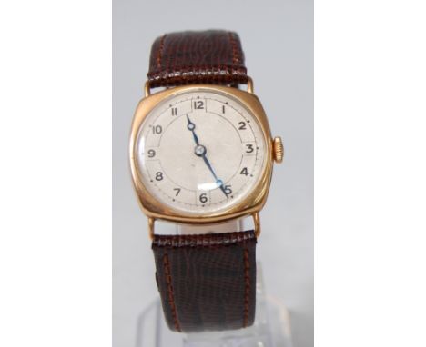 A gent's vintage Buren 9ct gold cased wristwatch, having manual wind lever movement, unsigned silvered dial with Arabic numer