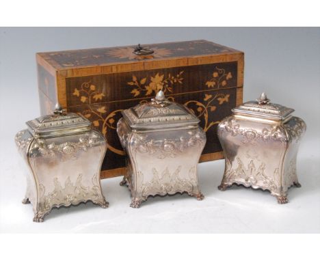A Sheraton period mahogany and floral marquetry inlaid tea caddy, the hinged cover opening to reveal partitioned interior con