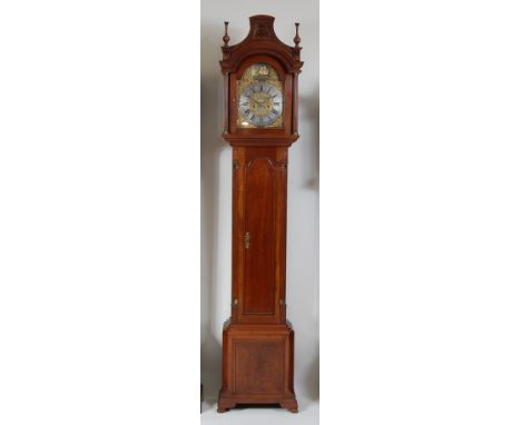 Kirkham of Holywell - a walnut longcase clock, the 11" arched brass dial having rocking ship automata to the arch, over silve