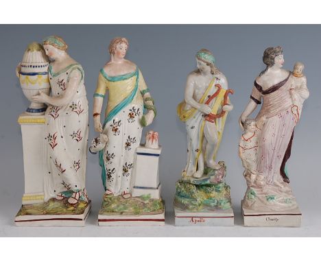 An early 19th century Staffordshire pearlware figure of Charlotte at the tomb of Werther, modelled in standing pose clutching