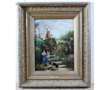 Charles James Lewis RI (1830-1892) - Children playing on the steps, oil on panel, signed lower right, 32 x 24.5cm