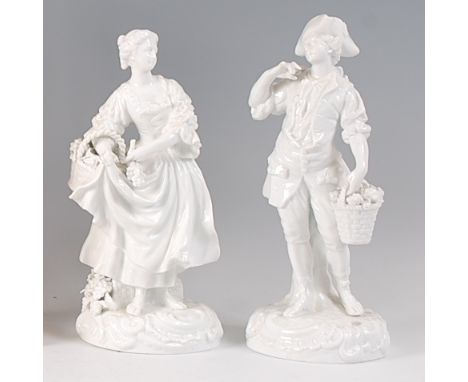 A pair of 19th century Meissen porcelain blanc-de-chine figures of flower-pickers, h.23.5cm (with factory second mark and min