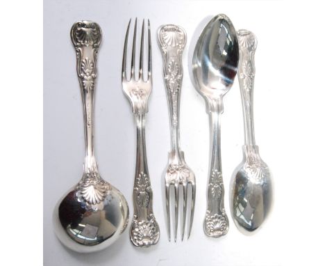 A late Georgian silver part cutlery suite, in the Kings pattern, comprising twelve dessert forks, twelve dessert spoons, and 