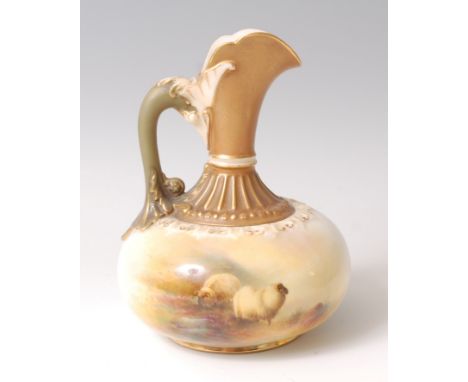 A Worcester porcelain miniature ewer, shape No.1136, decorated with sheep within a landscape by Ernest Barker, puce mark, cir
