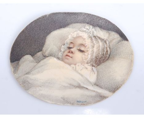 Albin Roberts Burt (1783-1842) - Sleeping baby with bonnet, miniature watercolour on ivory, signed and further inscribed 'pai