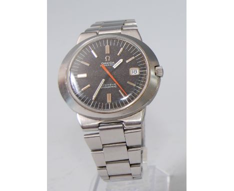 A gent's steel Omega Dynamic automatic bracelet watch, circa 1970, having two-tone black and silver sparkle dial with batons,