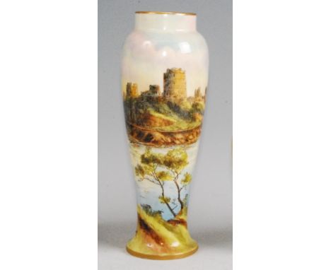 A Royal Worcester porcelain vase, shape No.2777, decorated with a view of Pembroke Castle by H. Ayrton, puce mark, h.21cm