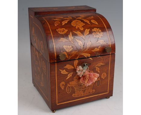 An early 19th century Dutch walnut and floral marquetry inlaid decanter box, the hinged domed cover opening to reveal a singl