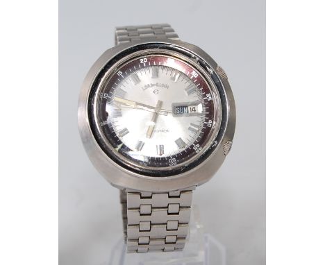 A gent's steel Lord Elgin automatic divers watch, circa 1970, the silvered dial with black tachymetre register, day-date aper