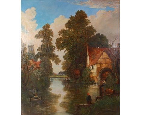 Joseph Paul (1804-1887) - River landscape with church and water-mill, oil on canvas (with patch repairs verso), 101 x 87cm