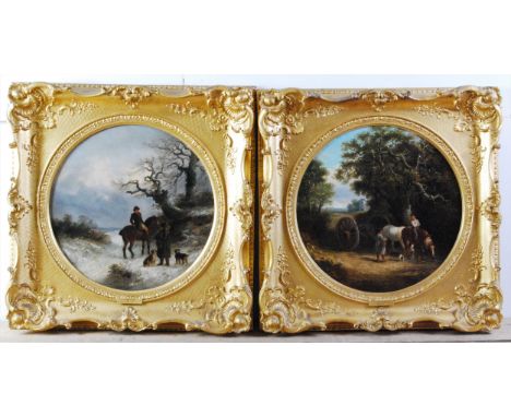 Thomas Smythe (1825-1906) - Pair; Travellers in a winter landscape and Travellers with horses watering, oils on panel, signed
