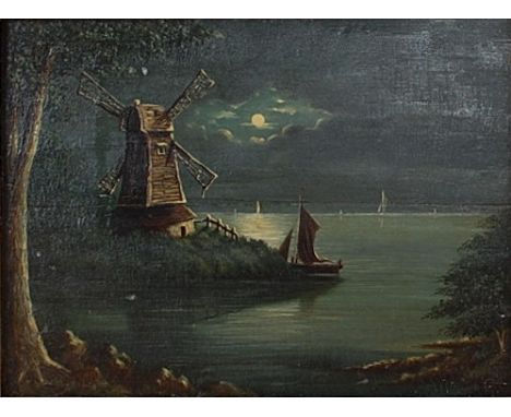 Follower of Henry Pether (1828-1885) - Moonlit river landscape with windmill, oil on panel, 21 x 28cm