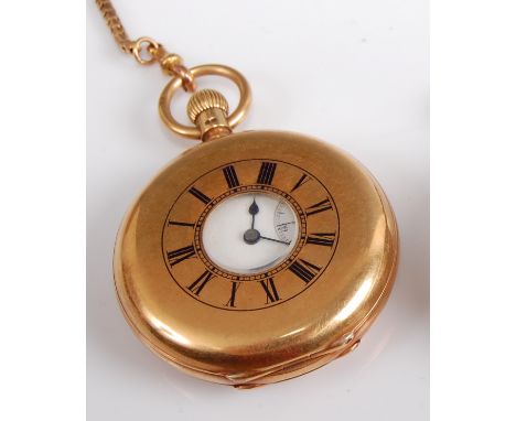 A Gent's 18ct yellow gold half hunter keyless wind pocket watch, having round white Roman dial and subsidiary dial at 6 o'clo