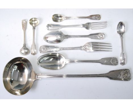 An early Victorian silver part cutlery suite, in the Fiddle, Thread &amp; Shell pattern, comprising 16 table spoons, four des