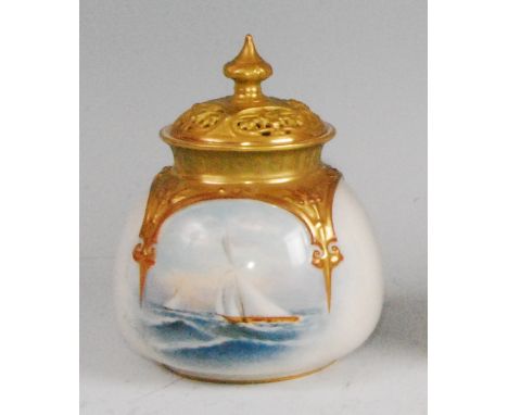 A Royal Worcester porcelain pot pourri vase and cover, shape No.175, decorated with a nautical scene, green mark circa 1905, 