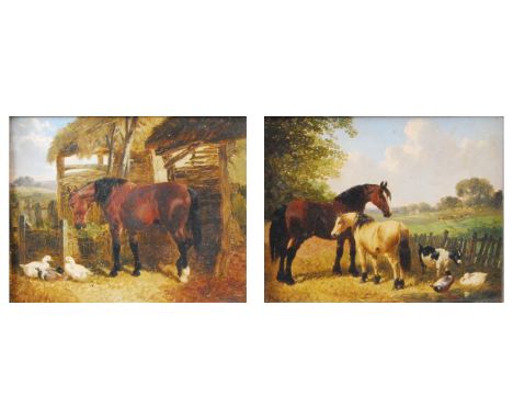 John Frederick Herring Snr (1795-1865) - Pair: Horses with ducks and goat, oil on panel, one signed lower left, 19 x 25cm.Pai
