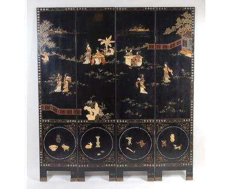 A Japanese black lacquered and shibyama decorated four-panel screen, the whole decorated with mother of pearl and bone figure