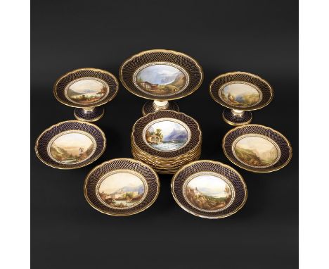 19THC ENGLISH PORCELAIN DESSERT SERVICE - FRENCH & SWISS VIEWS. A wonderful quality dessert service, comprising 8 plates and 