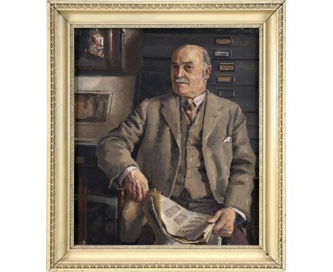 STEPHEN BONE (1904-1958). PORTRAIT OF SIR MUIRHEAD BONE. (d) Seated, half length, wearing a dun coloured suit, holding a news