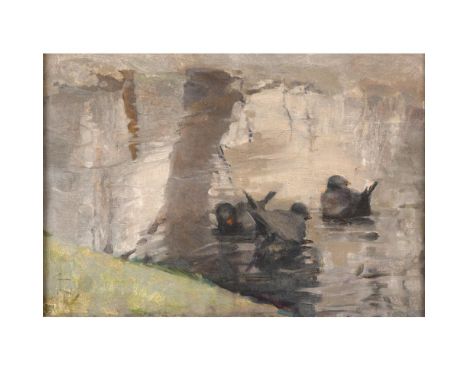 JOHN REID MURRAY (1861-1906). His circle. MOORHEN ON A POND. With monogram `TN`or `NT` in conjunction, oil on canvas, 27.5 x 