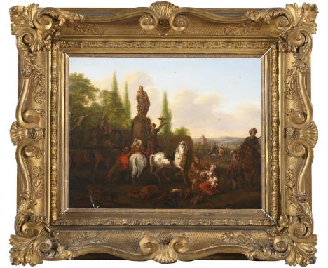 CAREL VAN FALENS (1683-1733). Follower of. HAWKING SCENE. Oil on panel, 36 x 46cm. * Repaired and retouched along old horizon