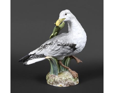 MEISSEN PORCELAIN BIRD - GULL. A large 19thc porcelain model of a Bird, possibly a Herring Gull. The bird next to foliage and