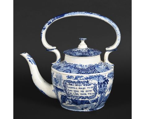 19THC BLUE & WHITE TRANSFER PRINTED TEA KETTLE - ANTI SLAVERY. An interesting large blue and tea kettle, with a verse on each
