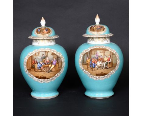 PAIR OF GERMAN PORCELAIN LIDDED JARS - MEISSEN STYLE. A pair of large jars with dome top lids and gilded finials, each panel 